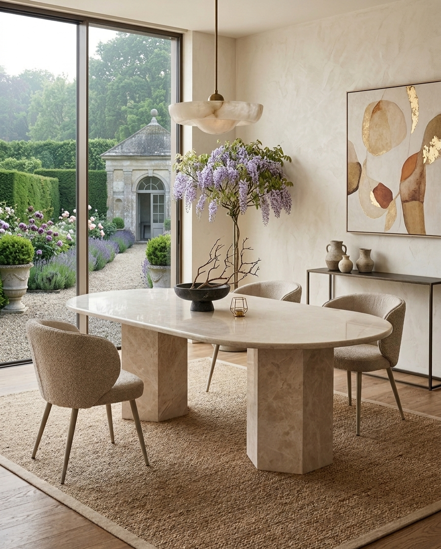 Omani Beige Marble Half Moon Dining Table