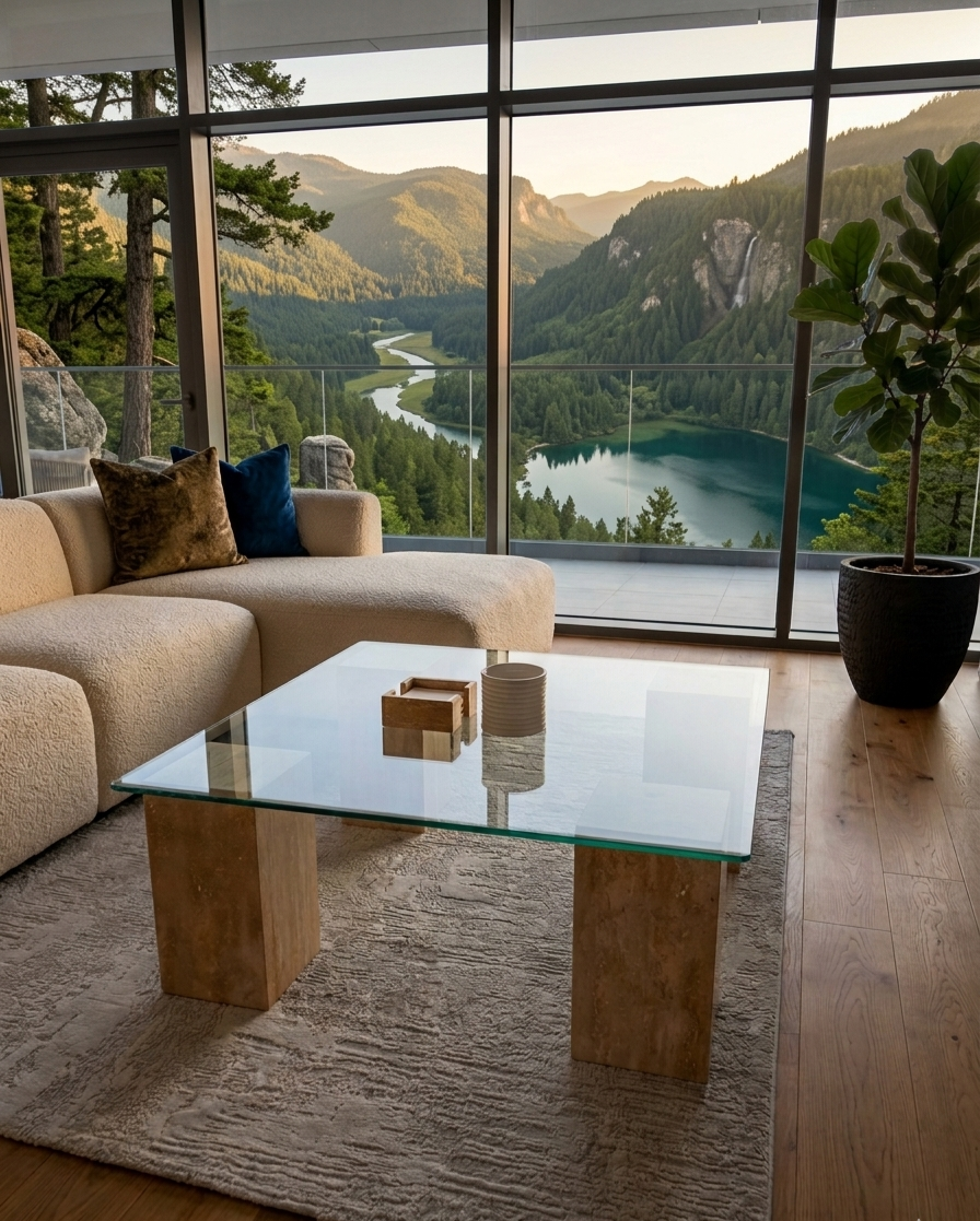 Glass Square Coffee Table With Travertine Pillars