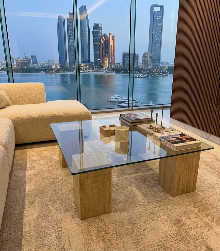 Glass Square Coffee Table With Travertine Pillars