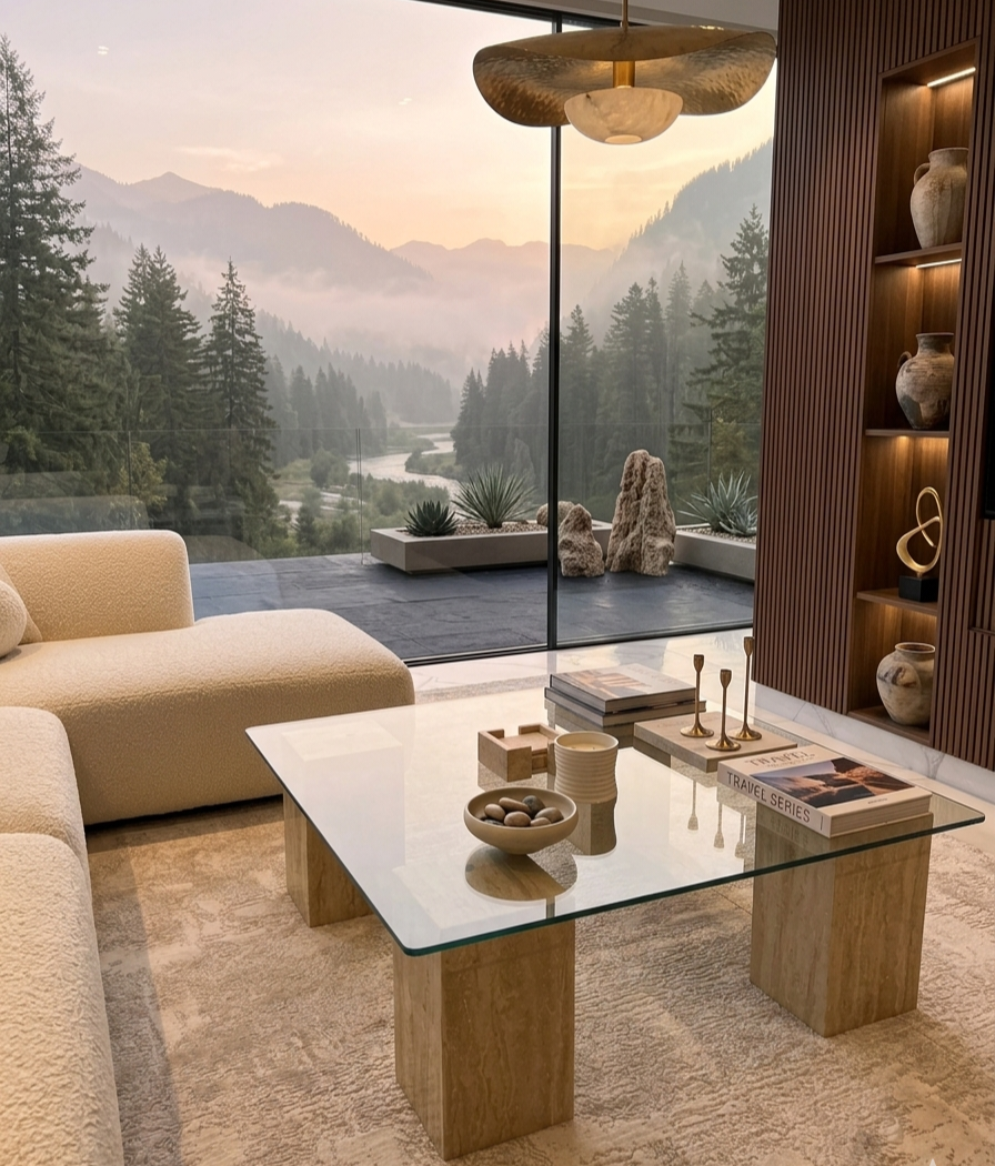 Glass Square Coffee Table With Travertine Pillars