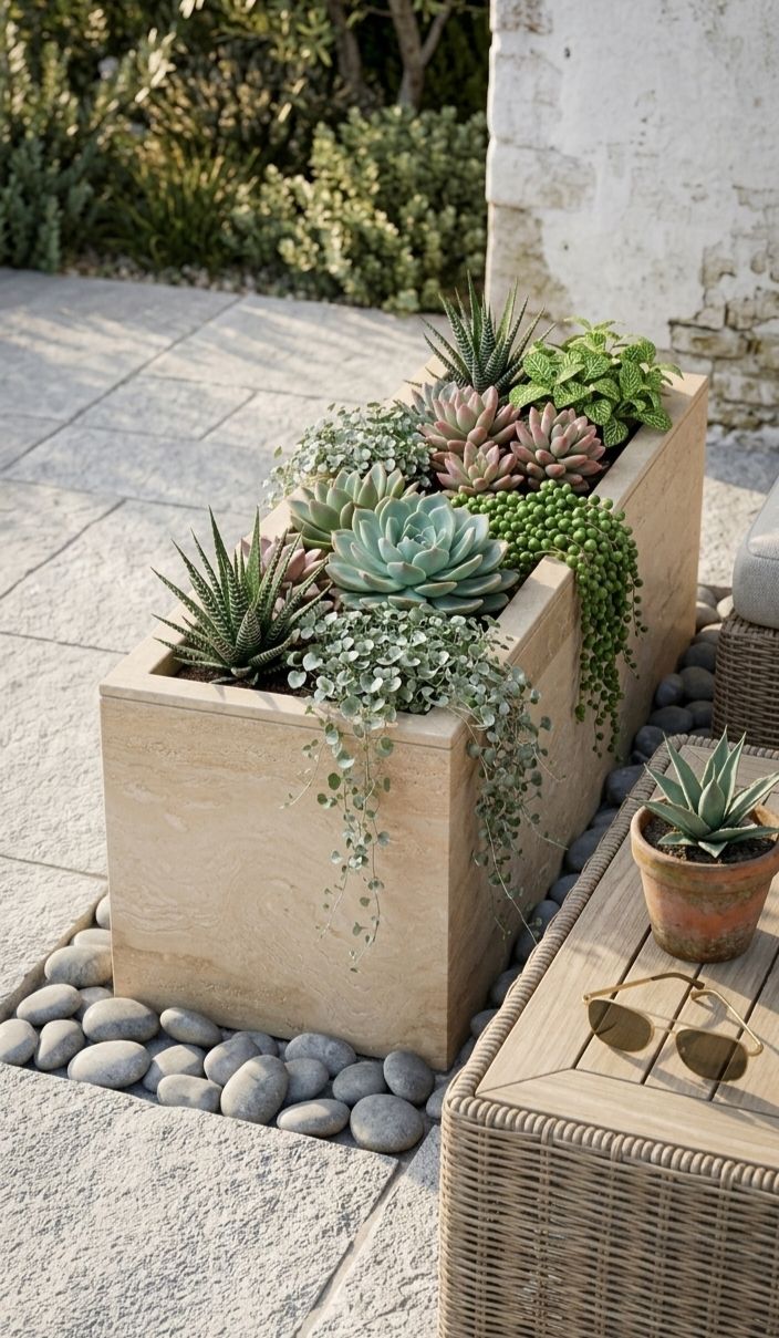 Travertine Beige Rectangular Planter