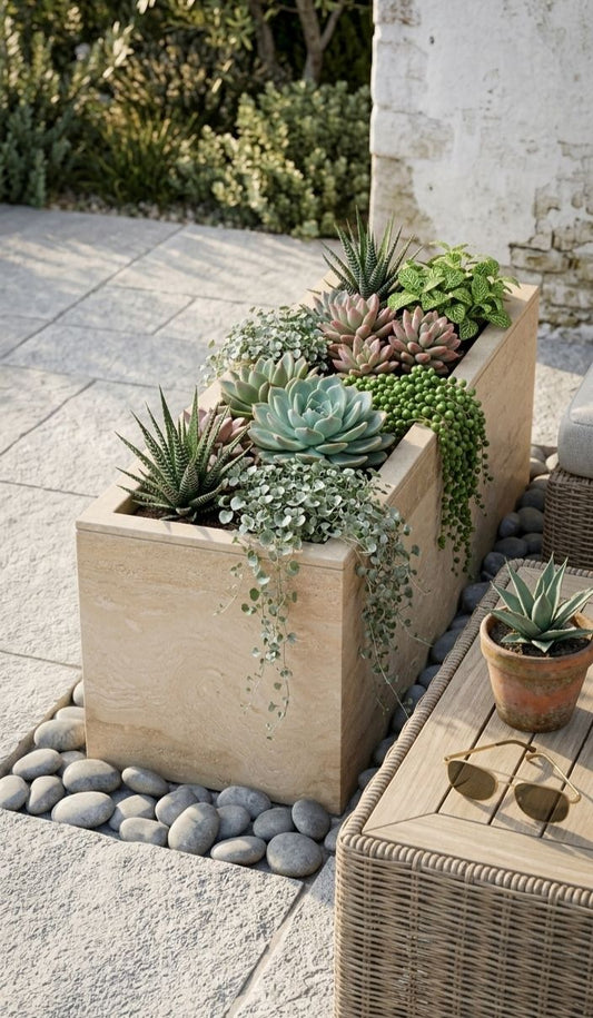 Travertine Beige Rectangular Planter