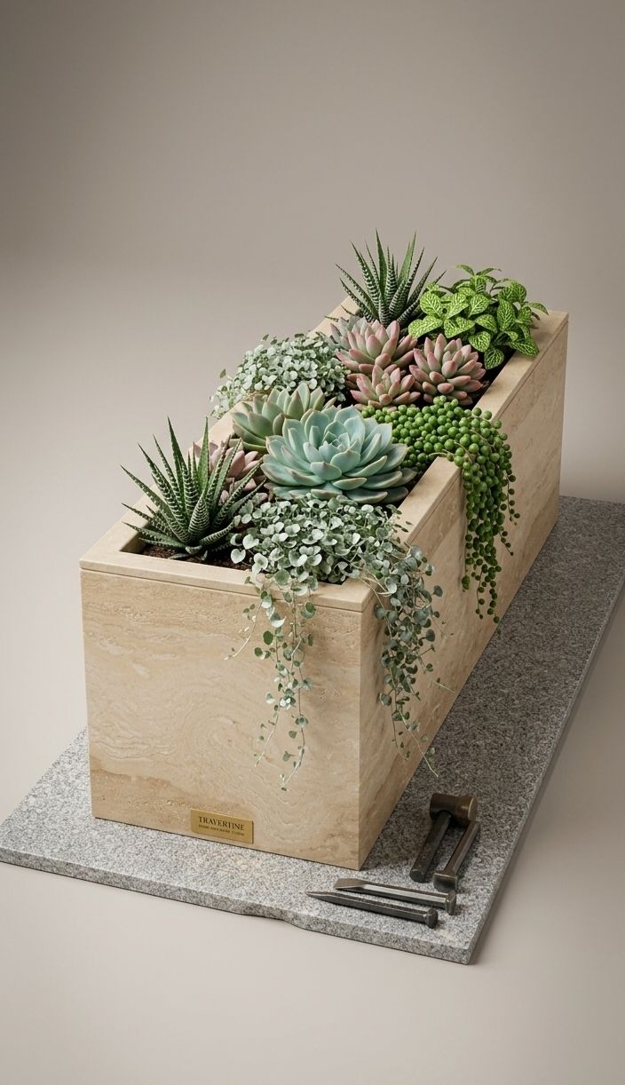 Travertine Beige Rectangular Planter
