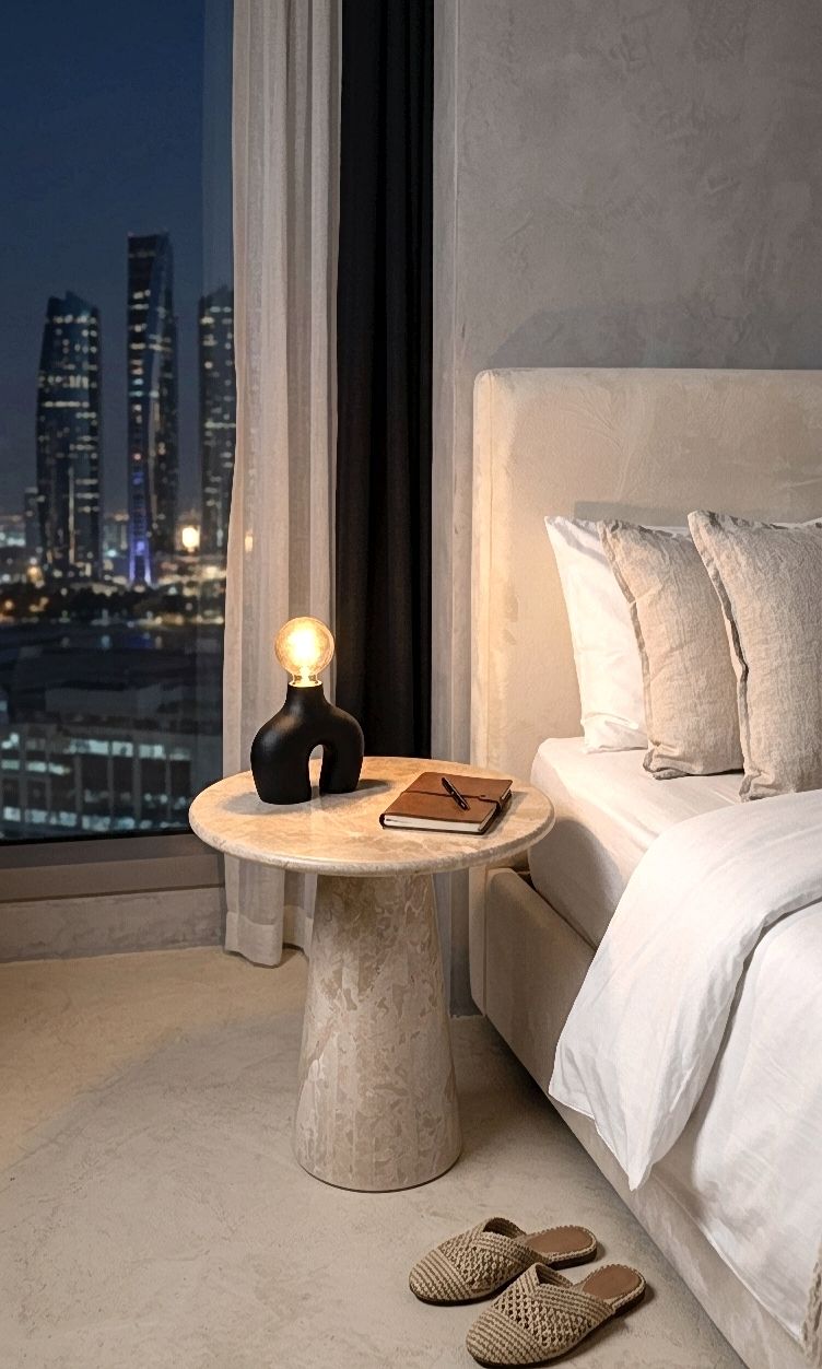 Omani Beige Marble Side Table With Pedestal Base