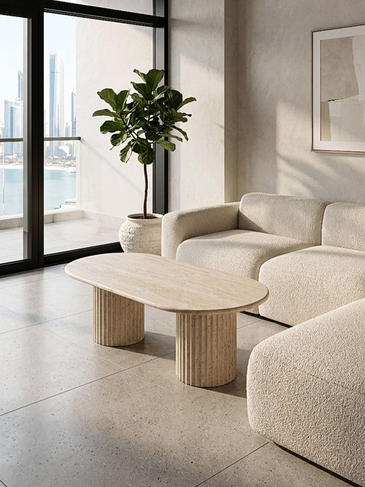 Travertine Beige Half Moon Coffee Table With Two Legs