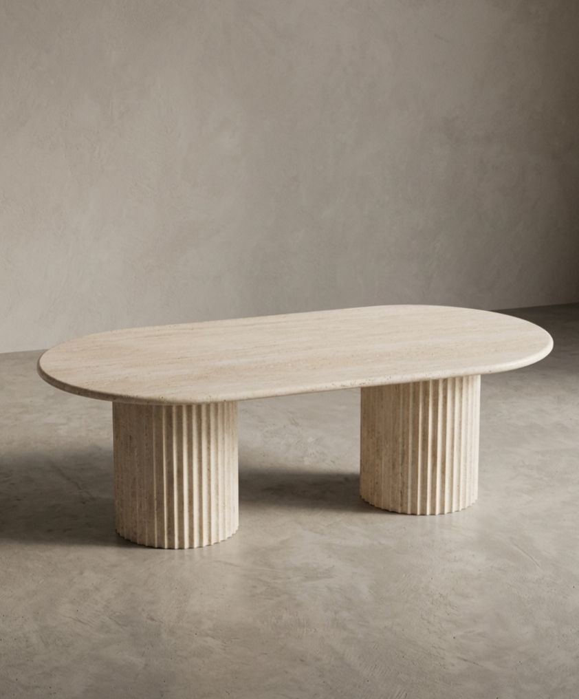 Travertine Beige Half Moon Coffee Table With Two Legs